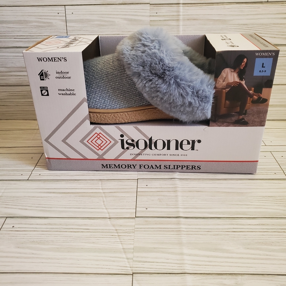 Isotoner Blue Memory Foam Rubber Bottoms Womens Slippers Knit Fur Large 8.5-9  N